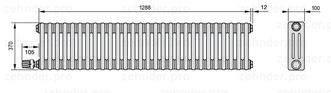 Схема (чертеж) Радиатор Zehnder Charleston 3037/28 №V004 Белый глянцевый RAL 9016